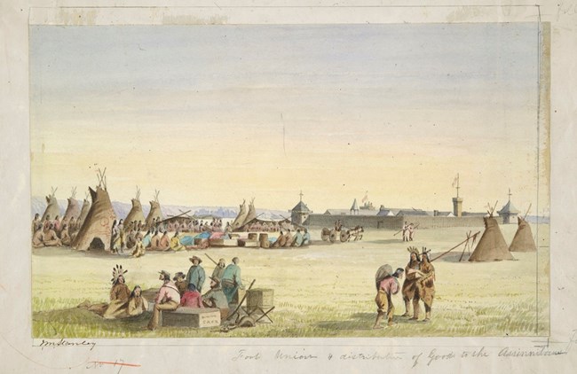 Painting of a walled structure in the background with tipis and people across the foreground.