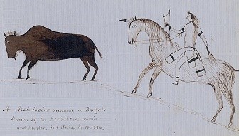 Drawing of American Indian on horseback chasing a brown bison.