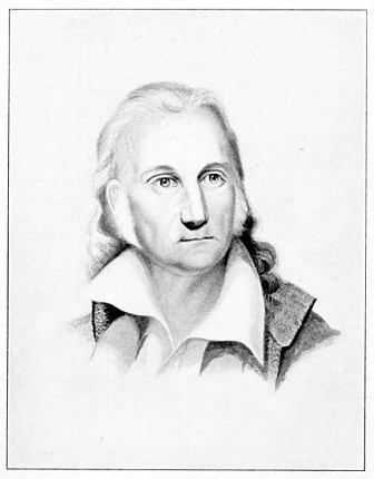 Black and white sketch of man from the shoulder up with long hair wearing historic dress.