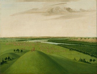 Painting of a green field with many tipis. A fort and river in the distance.
