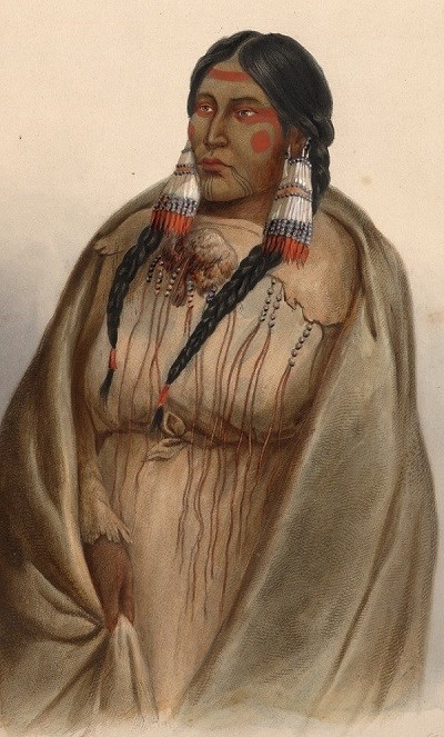 A painting of an American Indian woman with red face paint and her hair in two braids with long tassle hearings wearing a traditional leather dress.