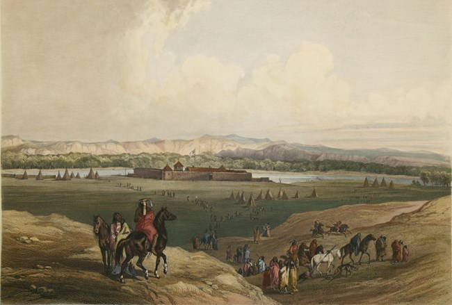 Painting of a grassy field with American Indians, some on horseback and some on foot, and tipis with a white walled structure and a river running behind it in the background.