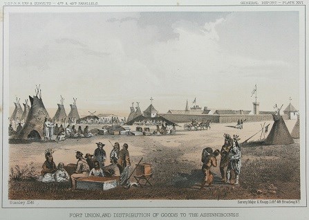 Painting of a white walled structure in the background with tipis and people across the foreground.