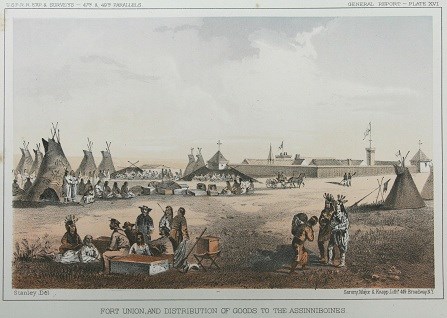 Painting of a white walled structure in the background with tipis and people across the foreground.