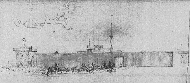 Sketch of men on horseback approaching the open gate of a walled structure. A sketch of a dog laying on the ground appears above the walled structure.