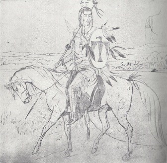 Sketch of American Indian man on horseback holding a shield with the image of a bird on it.