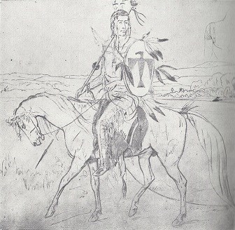Sketch of American Indian man on horseback holding a shield with the image of a bird on it.