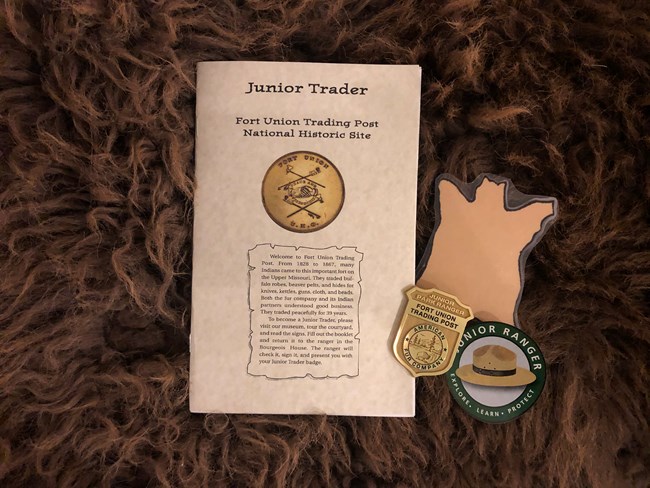 Jr. Ranger Booklet and pin on buffalo robe.