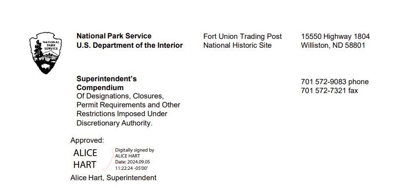 Signature block for Fort Union Trading Post superintendent compendium with signature of Alice Hart September 5, 2024