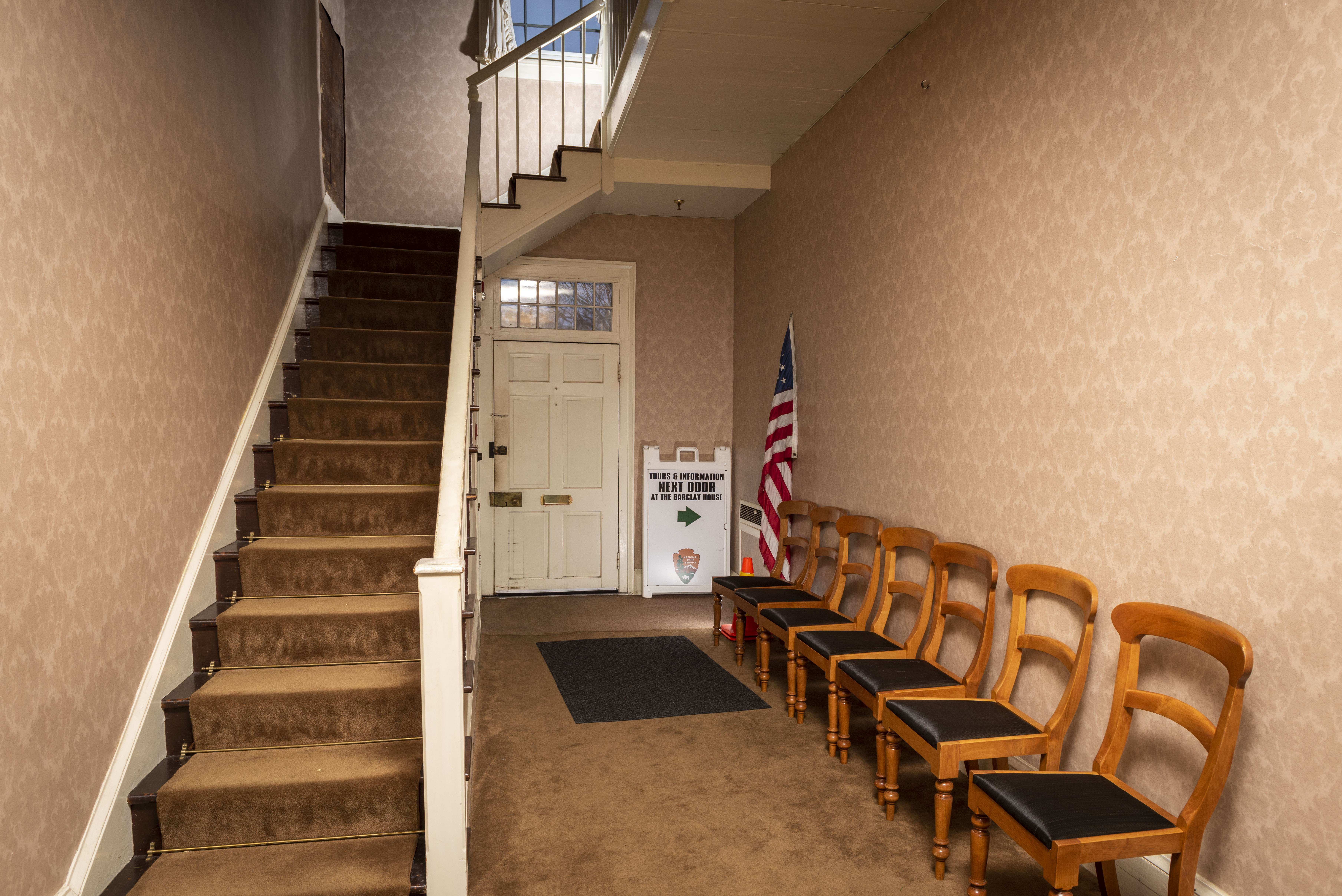 Best MCHO entry hall rear entrance The interior of the McLoughlin House entry hall, facing the stairway to the second floor and the former back door.