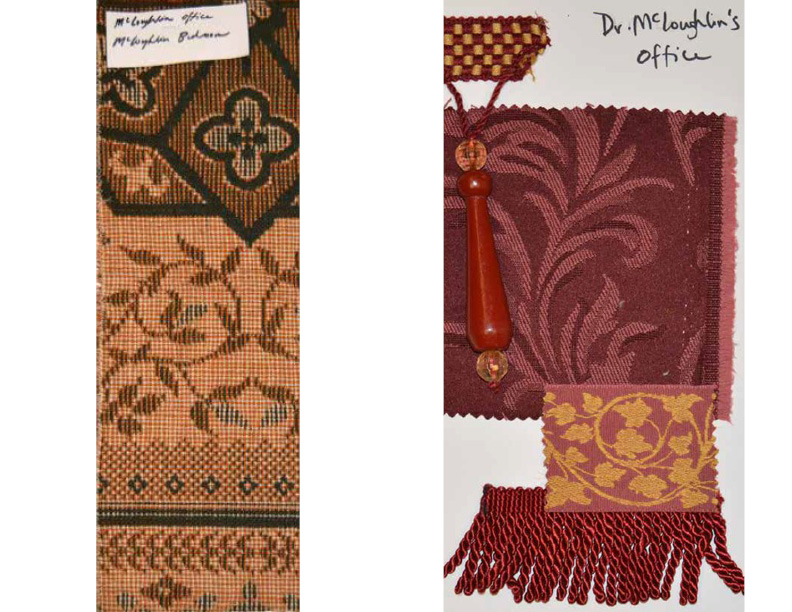 Office new look A fabric sample with an orange and dark green geometric design. A drapery sample that is dark burgundy with fringe and wooden bead embellishments.