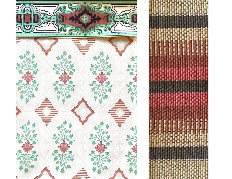 A wallpaper and wallpaper border sample. The wallpaper has a mint green and red pattern printed on a cream background. The border is color coordinated. the carpet is brown and red striped.