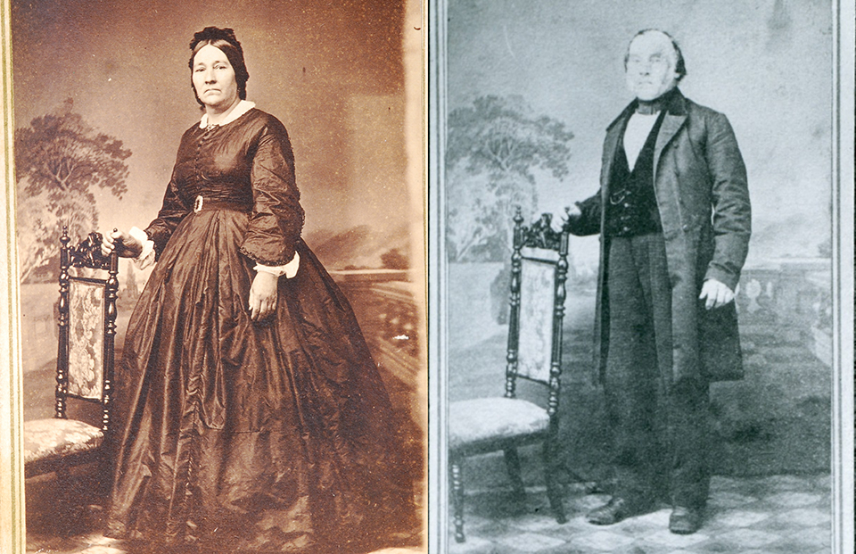 Side by side photo of a woman and man in 1850s style clothing.