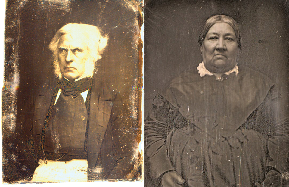 Side by side photo of a man and woman in 1850s style clothing.
