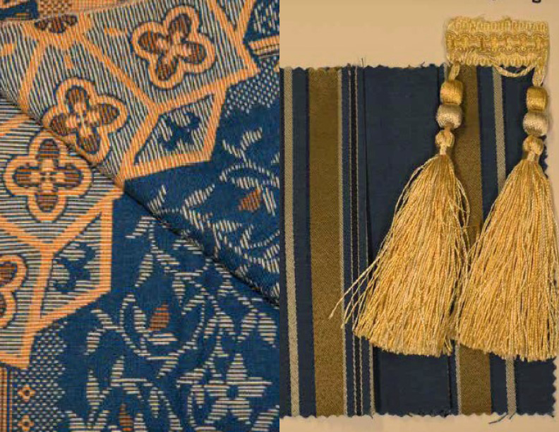 sewing room new look A sample of blue and tan carpet in a geometric pattern. A sample of blue and gold striped fabric and gold tassels.
