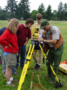 Image of Dr. Doug Wilson and students using a laser total station to map in an excavation Image of Dr. Doug Wilson and students using a laser total station to map in an excavation