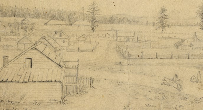 Historic pencil sketch of the Village, looking east toward the HBC Fort Vancouver and Mt Hood in the1850s.