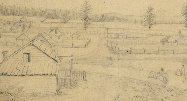 Historic pencil sketch of the Village, looking east toward the HBC Fort Vancouver and Mt Hood in the 1850s.