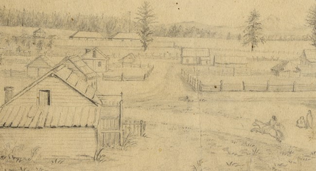 Historic pencil sketch of the Village, looking east toward the HBC Fort Vancouver and Mt Hood in the 1850s. Historic pencil sketch of the Village, looking east toward the HBC Fort Vancouver and Mt Hood in the 1850s.