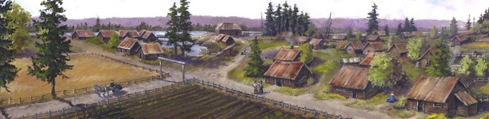 Artist's rendering of a bird's eye view of the east end of the Village looking east to west. Image includes several buildings, dirt roads, and figures. Artist's rendering of a bird's eye view of the east end of the Village looking east to west. Image includes several buildings, dirt roads, and figures.