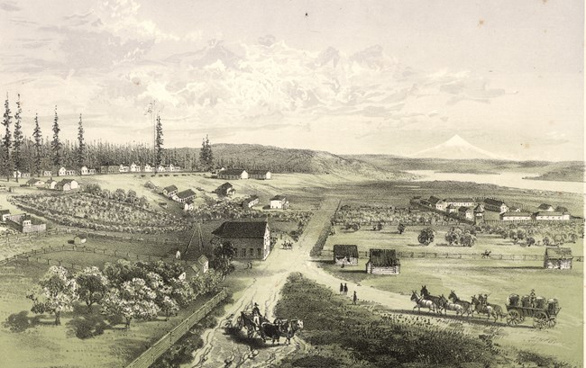 Lithograph of Fort Vancouver with the Columbia River and Mount Hood in the background.