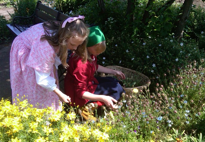 Two girls pick flowers in the park garden.