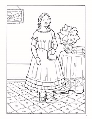 Coloring page of a girl in 1840s style clothing.