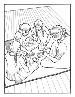 Thumbnail image of a coloring page of girls playing cards.