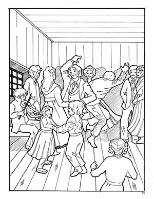 Thumbnail image of a coloring page showing people dancing.