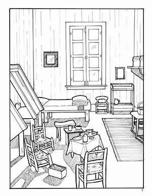 Coloring page of a children's room.