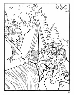 Thumbnail image of a coloring page showing a family working.