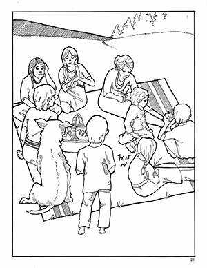 Thumbnail of a coloring page showing adults and children relaxing at a picnic.