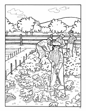 Thumbnail of a coloring page showing boys working in a garden.