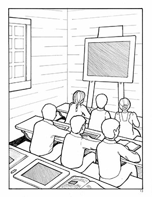 Thumbnail image of school interior coloring page.