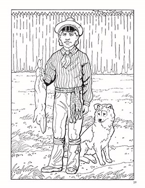 Thumbnail image of a coloring page of a boy in 1840s style clothing holding a fish.