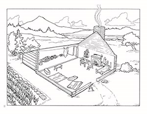 Thumbnail image of a village house coloring page.