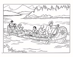 Thumbnail image of a coloring page of men in a boat on a river.