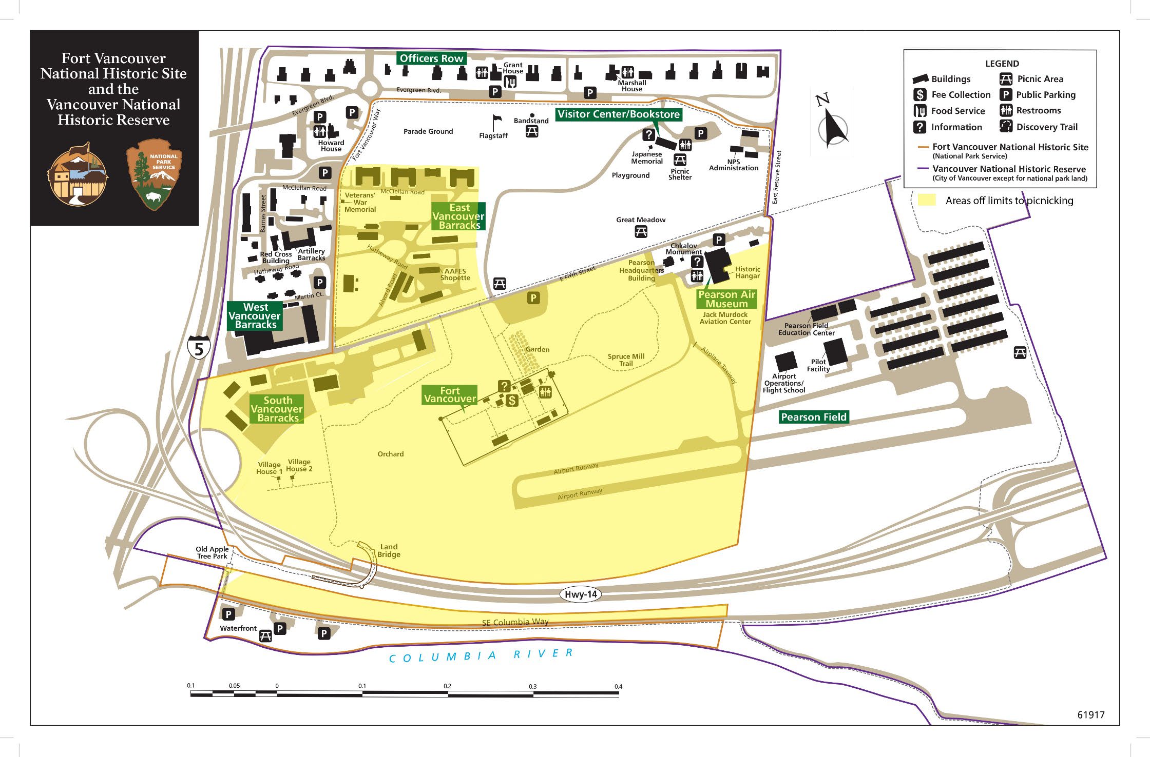 A map of Fort Vancouver National Historic Site with areas of the park highlighted in yellow, indicating areas that are off limits to picnicking.
