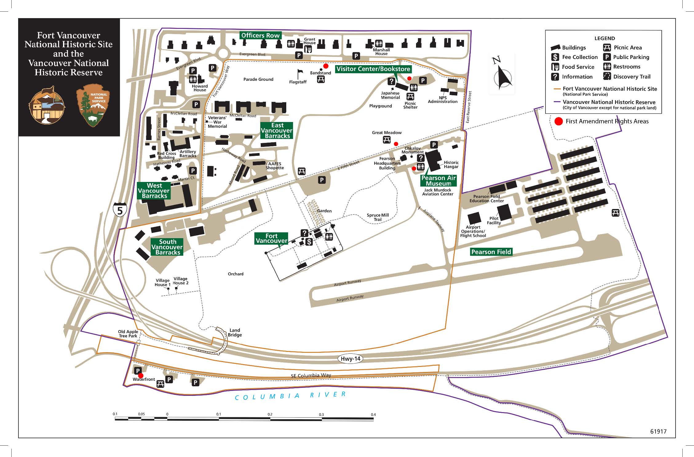 A map of Fort Vancouver National Historic Site with red dots indicated First Amendment Rights areas.
