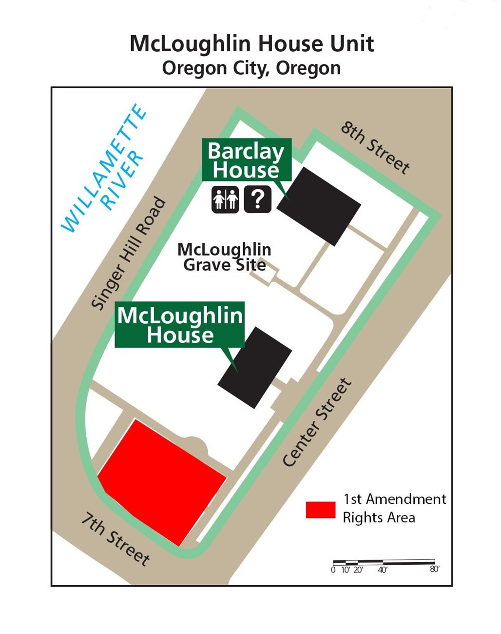A map of the McLoughlin House Unit of Fort Vancouver National Historic Site showing First Amendment Rights areas in red.