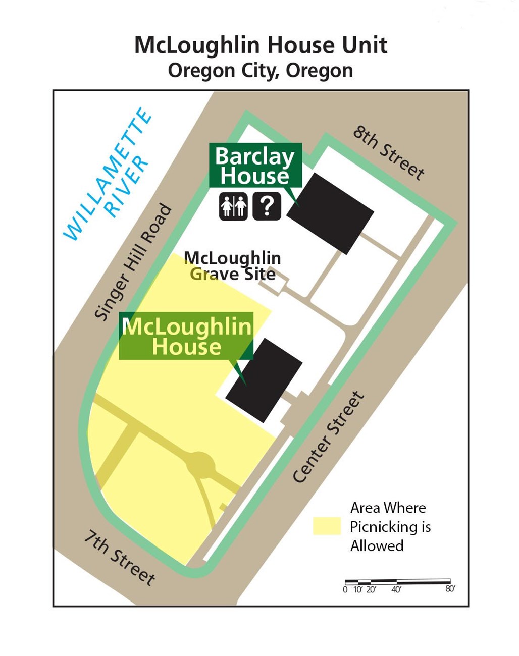 A map of the McLoughlin House Unit of Fort Vancouver National Historic Site with picnicking areas highlighted in yellow.