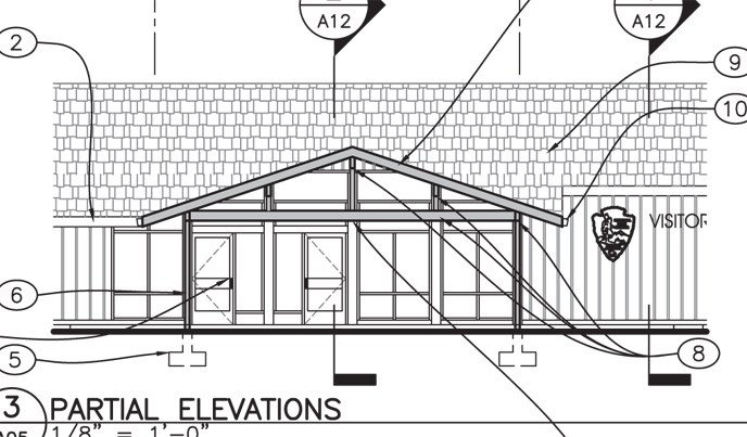 Blueprint drawing of future entry way of visitor center.