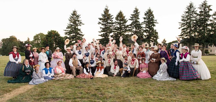 Group of costumed staff and volunteers dressed for the vintage base ball match game in 2014.