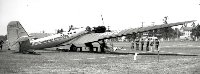Historic photo of the Soviet ANT-25 aircraft piloted by Valery Chkalov at rest on Pearson Field, Vancouver Barracks, in June 1937.