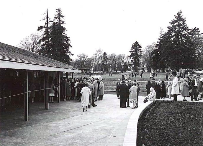 Image of the front (north) side of the Visitor Center at its dedication on 19 March 1962.