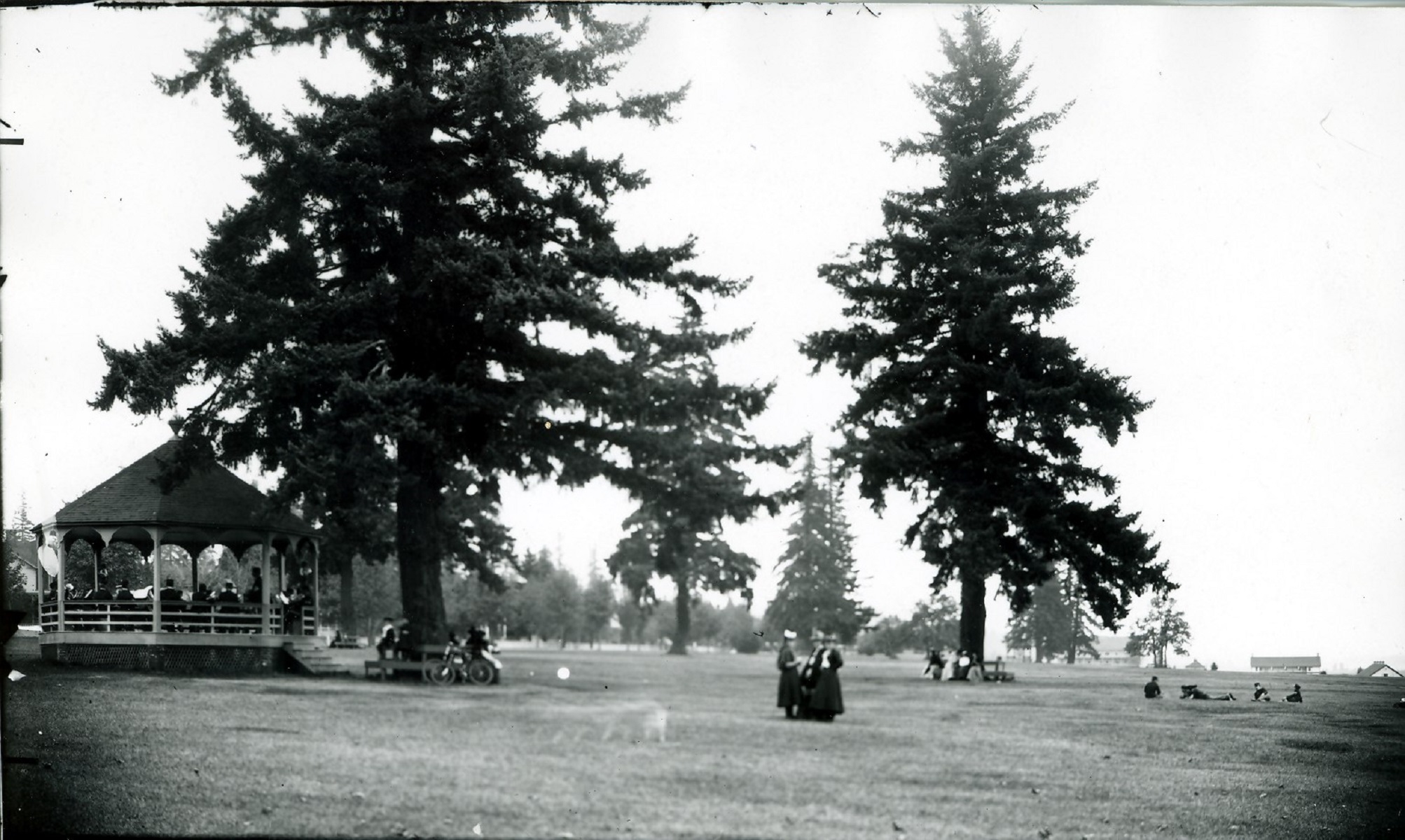 Barracks Band Stand circa 1910, in FOVA photo files, 978 F, Inv 10061 A black and white photo of the Vancouver Barracks Parade Ground and Bandstand.
