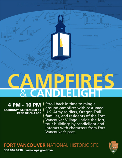 Poster advertising Campfires & candlelight event; background image of a lantern superimposed over a blue-tinted map of the site.
