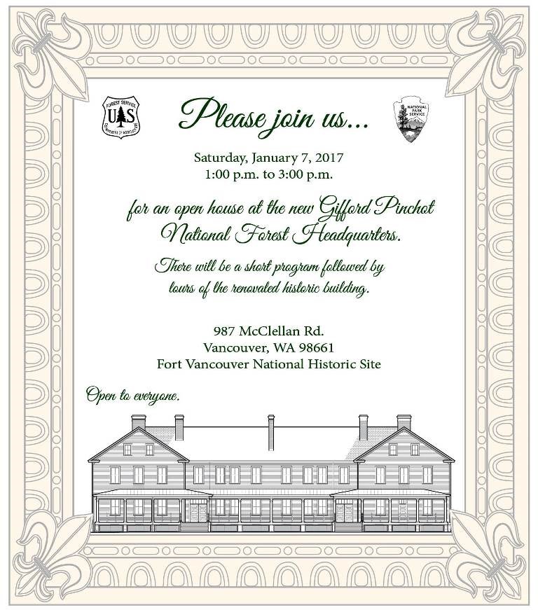 Invitation to open house for new U.S. Forest Service Headquarters at Vancouver Barracks