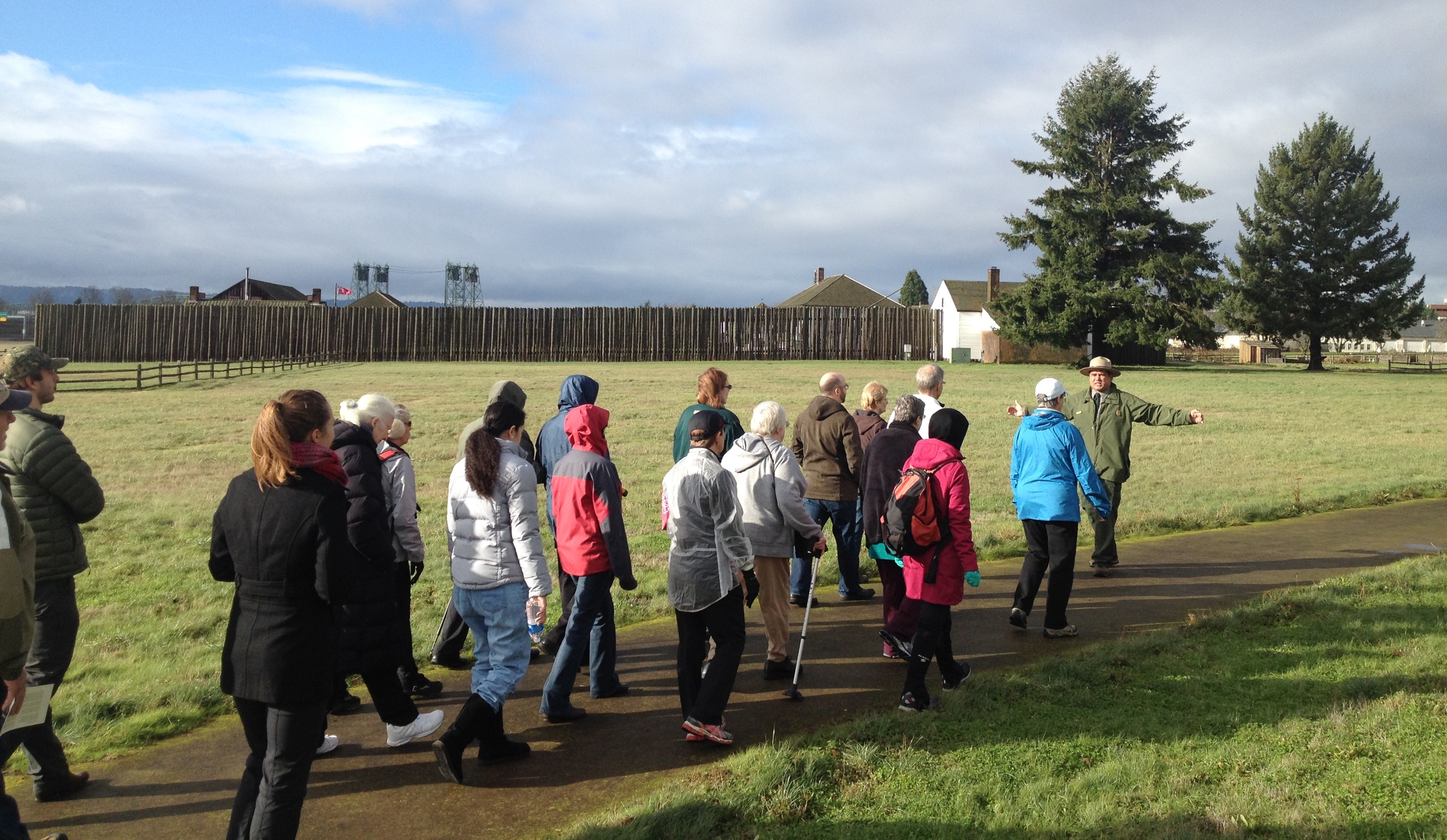 Acting Chief Ranger Bob Cromwell leads a walking tour along the Spruce Mill Trail