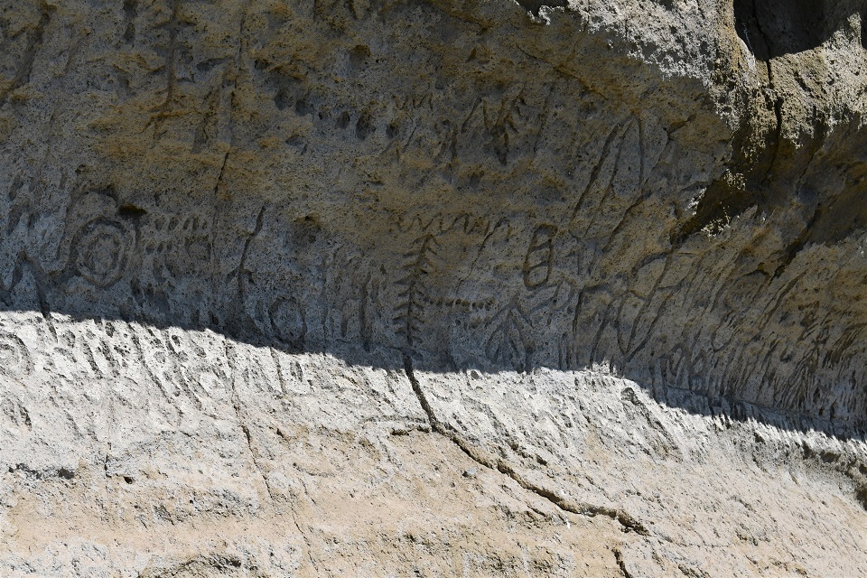 A curved rock wall with carved lines and shapes.